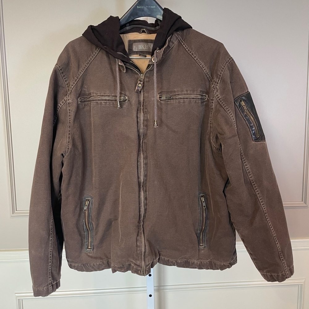 BKE Men's canvas coat jacket XXL brown hooded Workwear Cotton Lined wool hood